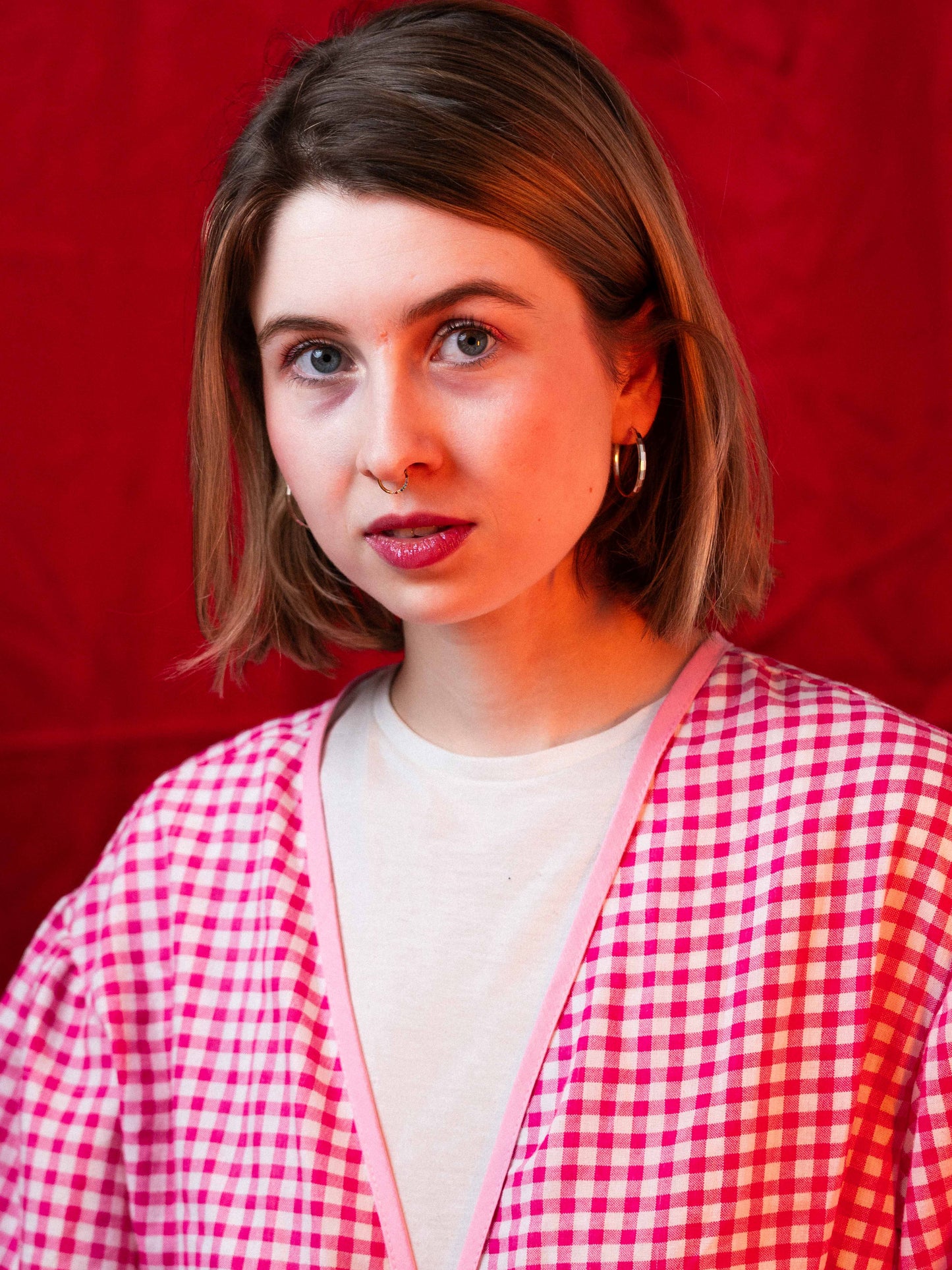 Rózsaszín kockás puffos felső