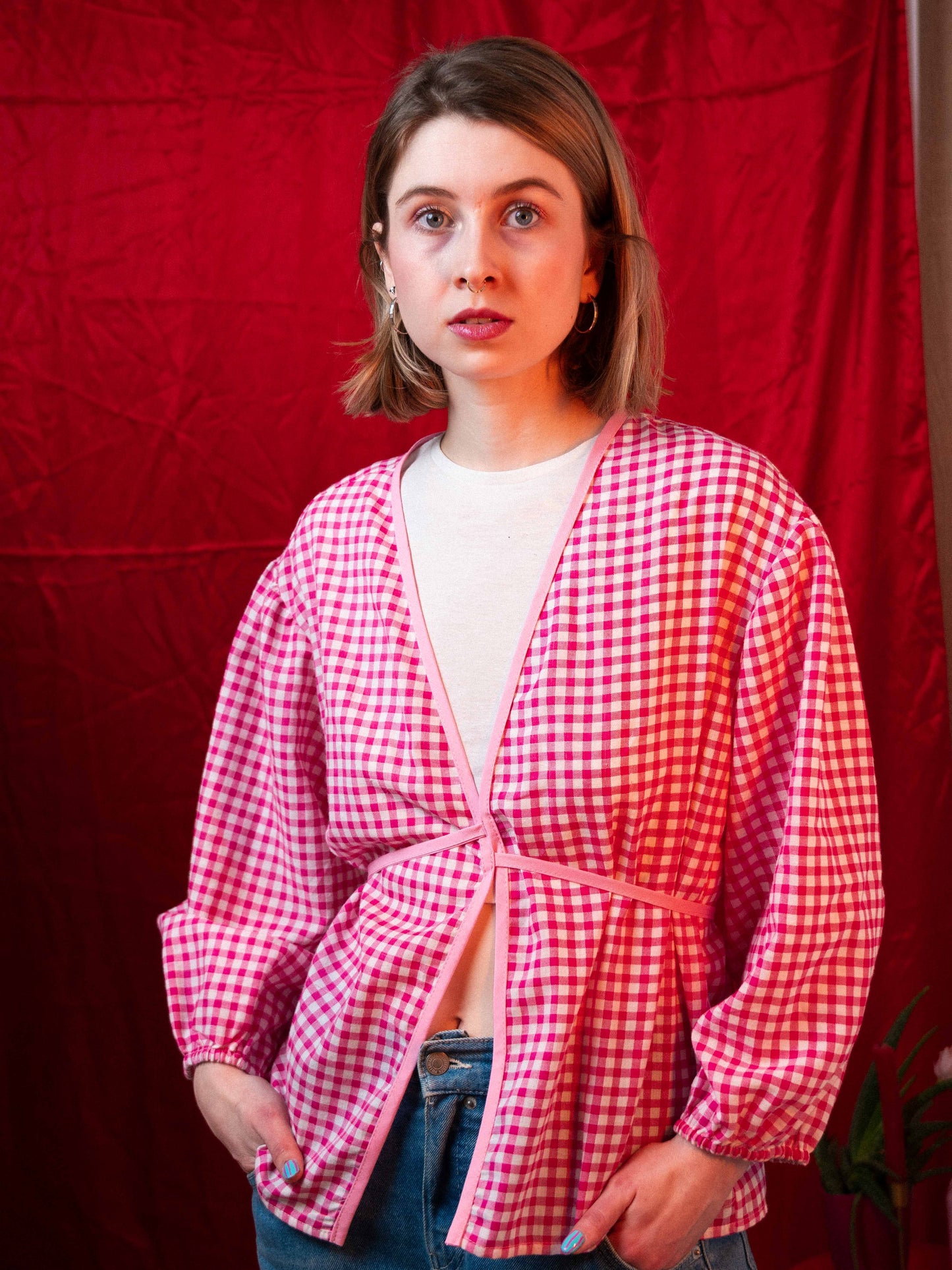 Rózsaszín kockás puffos felső