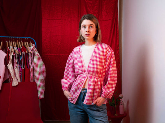 Rózsaszín kockás puffos felső