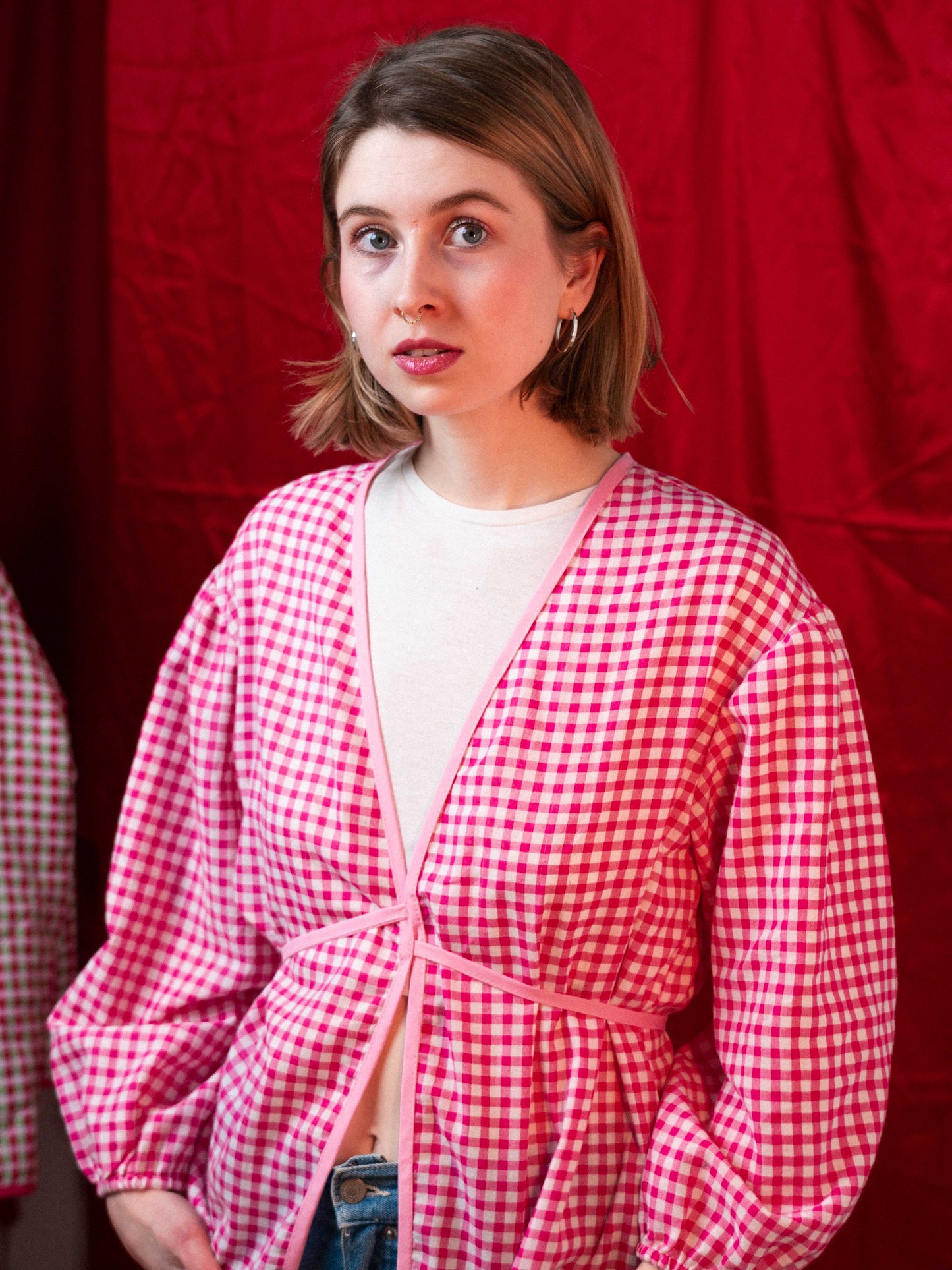 Rózsaszín kockás puffos felső