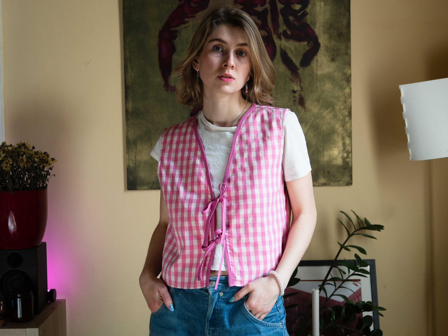 Rózsaszín kockás felső/mellény