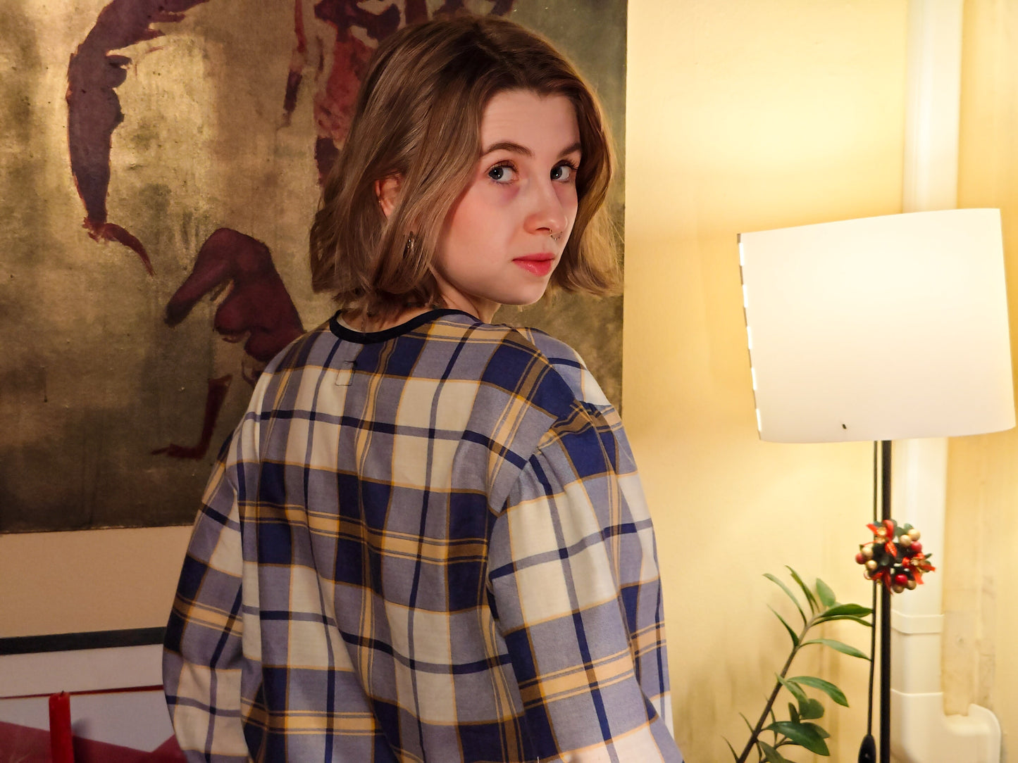 Kék kockás puffos felső