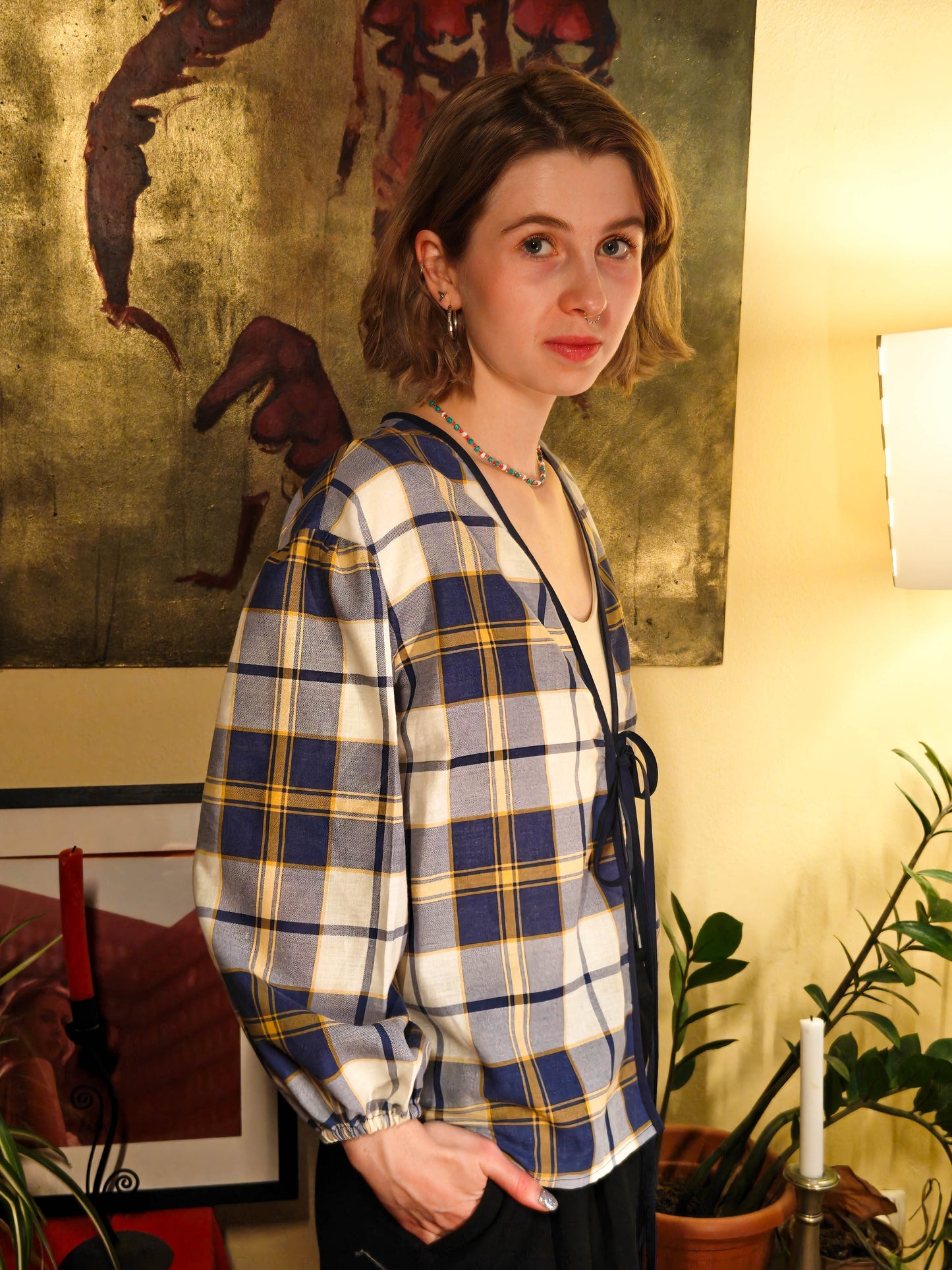 Kék kockás puffos felső