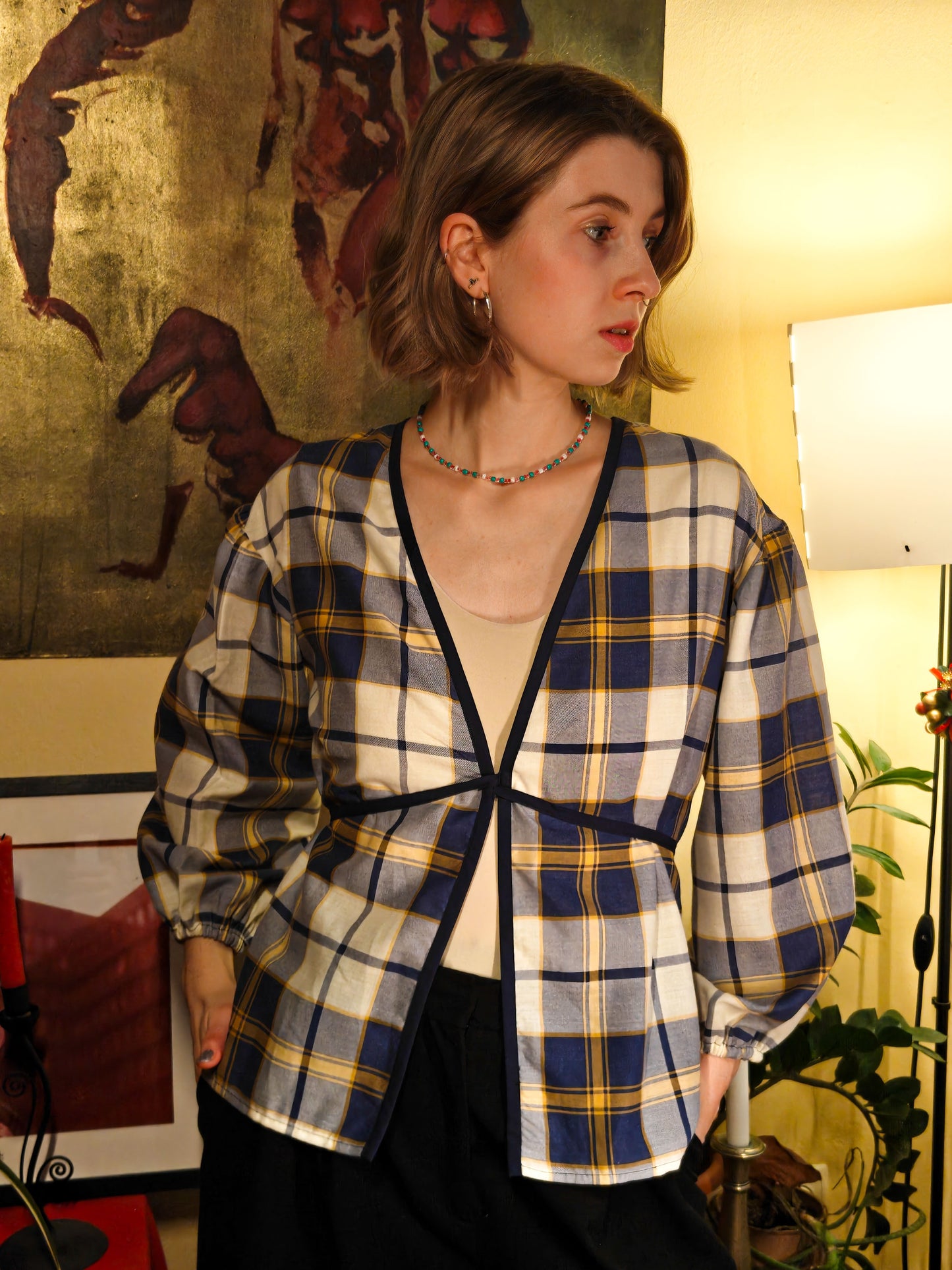 Kék kockás puffos felső