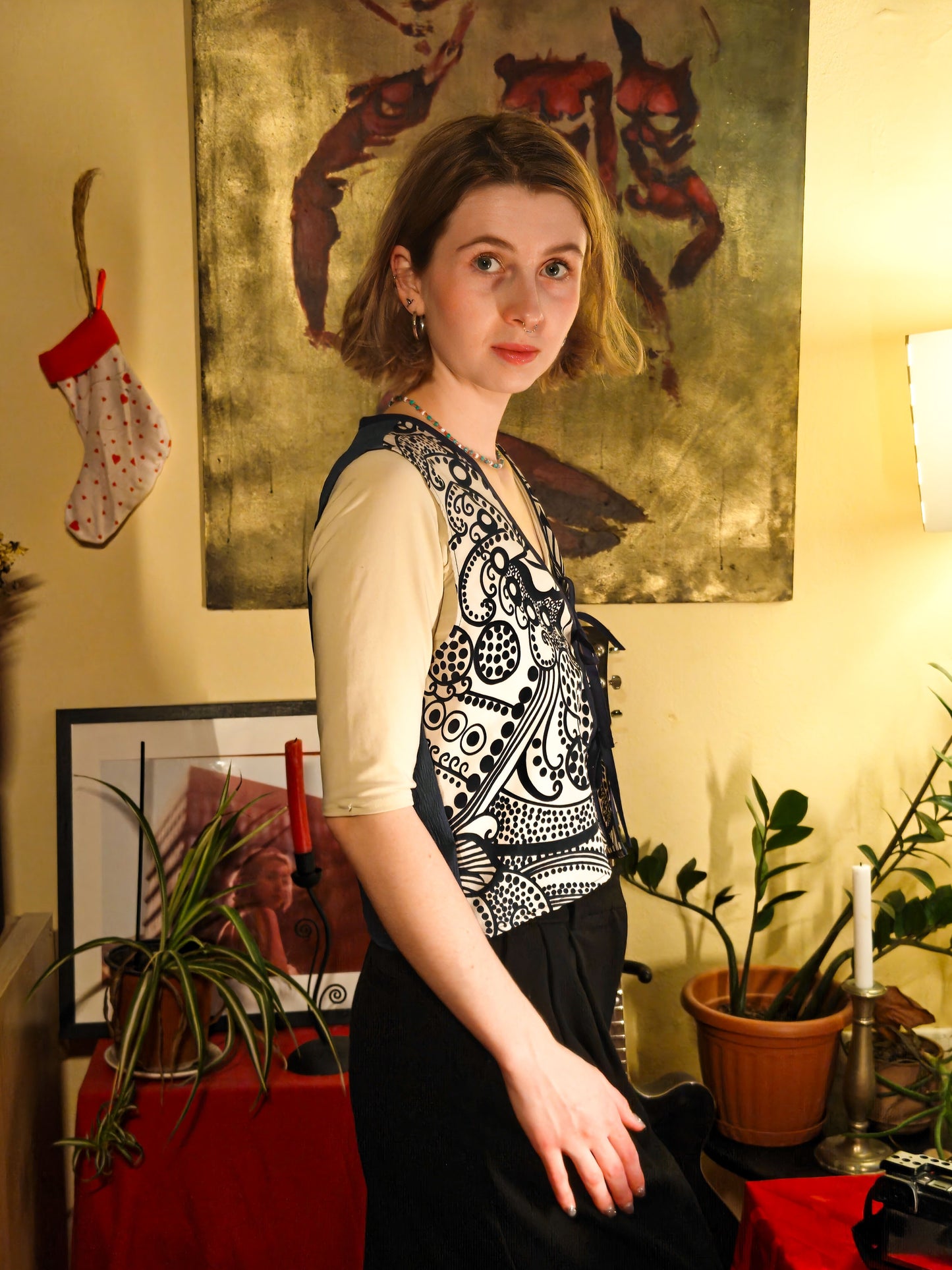 Fekete fehér mintás mellény/felső